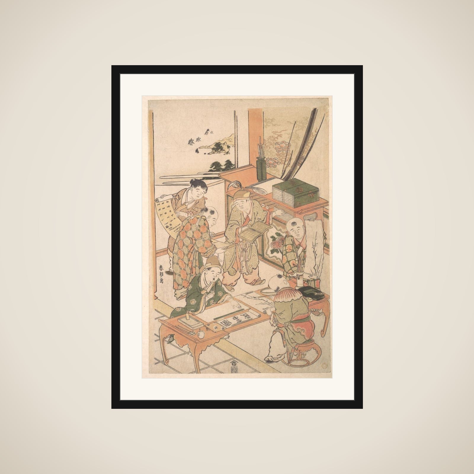 Chinese Boys Learning to Write and Paint framed