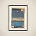 “Azuma Bridge from Komagatadō Temple,” from the series One Hundred Famous Views of Edo (Meisho Edo hyakkei, Komagatadō Azumabashi) framed