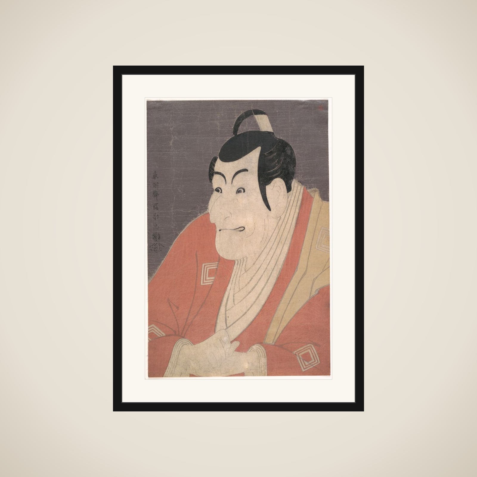 Kabuki Actor Ichikawa Ebizō (Ichikawa Danjūrō V) in the play The Colored Reins of a Loving Wife (Koi nyōbō somewake tazuna) framed