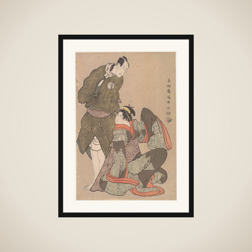 Bandō Hikosaburō III in the Role of Obiya Chōemon and Iwai Hanshiro IV in the Role of Shinanoya Ohan, from the Play “Nihonmatsu Michinoku sodachi” framed