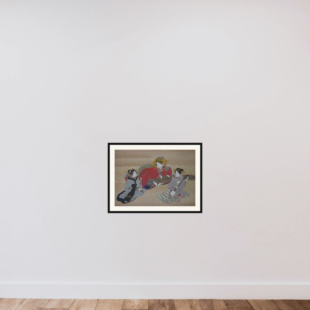 Three Beauties Playing Musical Instruments framed — shown to scale