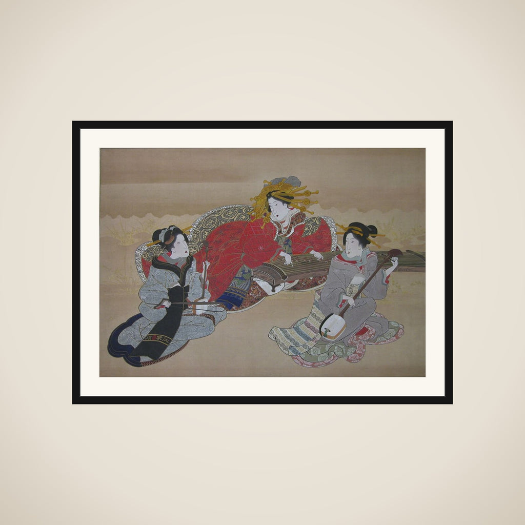 Three Beauties Playing Musical Instruments framed