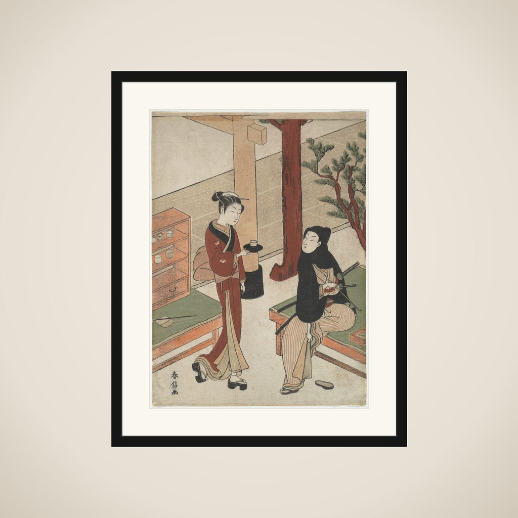 Osen Waiting on a Young Samurai framed