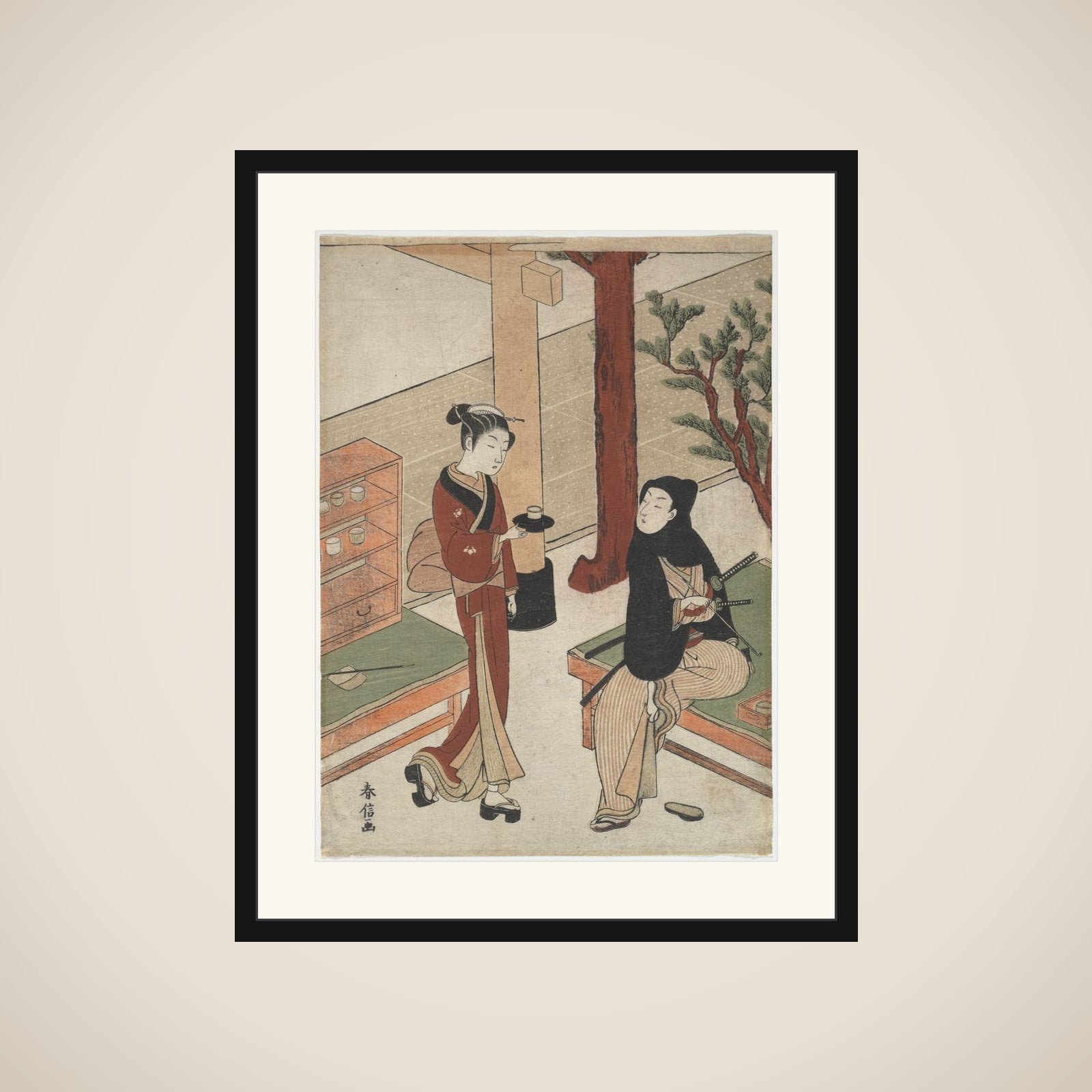 Osen Waiting on a Young Samurai framed