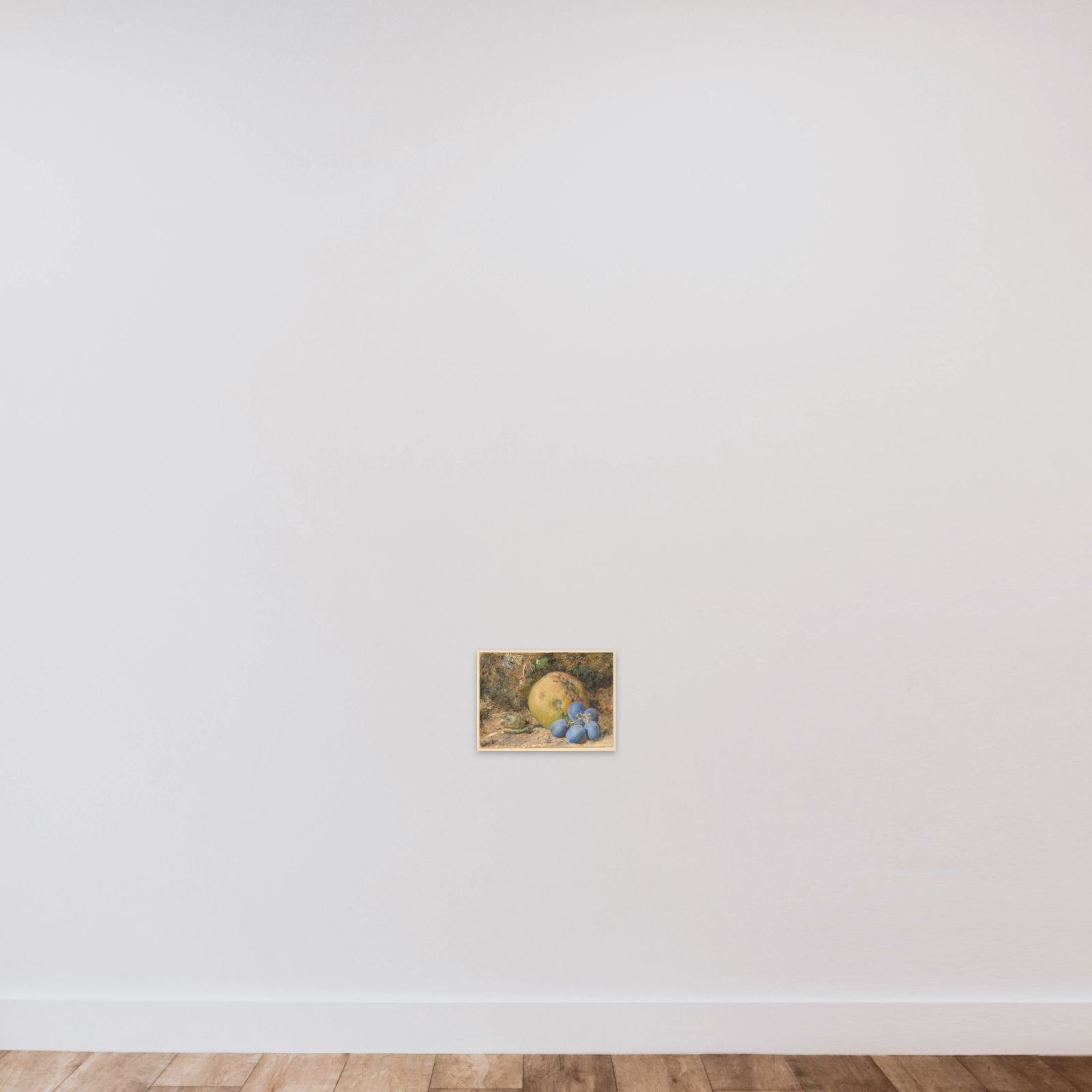 An apple, grapes and a hazelnut on a mossy bank unframed — shown to scale