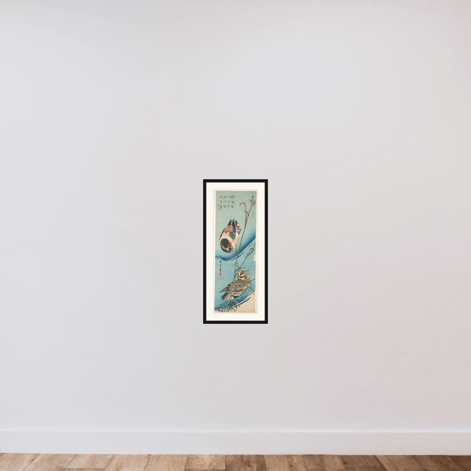 Mallard Ducks and Snow-covered Reeds framed — shown to scale