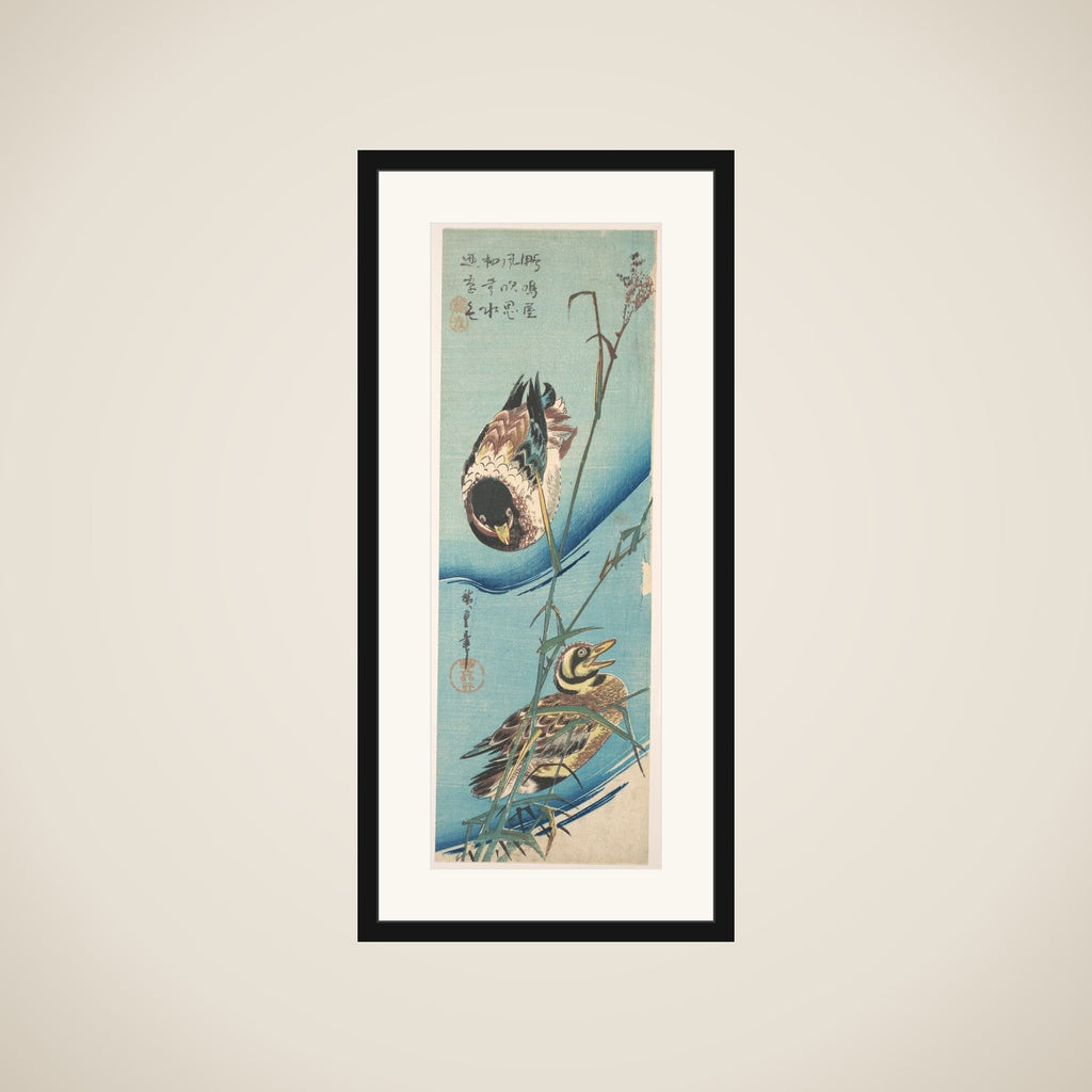 Mallard Ducks and Snow-covered Reeds framed