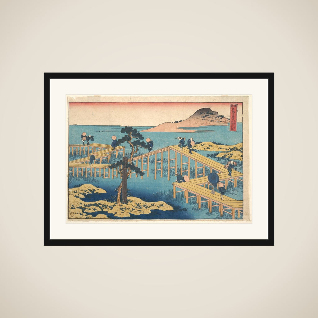 Ancient View of Yatsuhashi in Mikawa Province (Mikawa no Yatsuhashi no kozu), from the series Remarkable Views of Bridges in Various Provinces (Shokoku meikyō kiran) framed