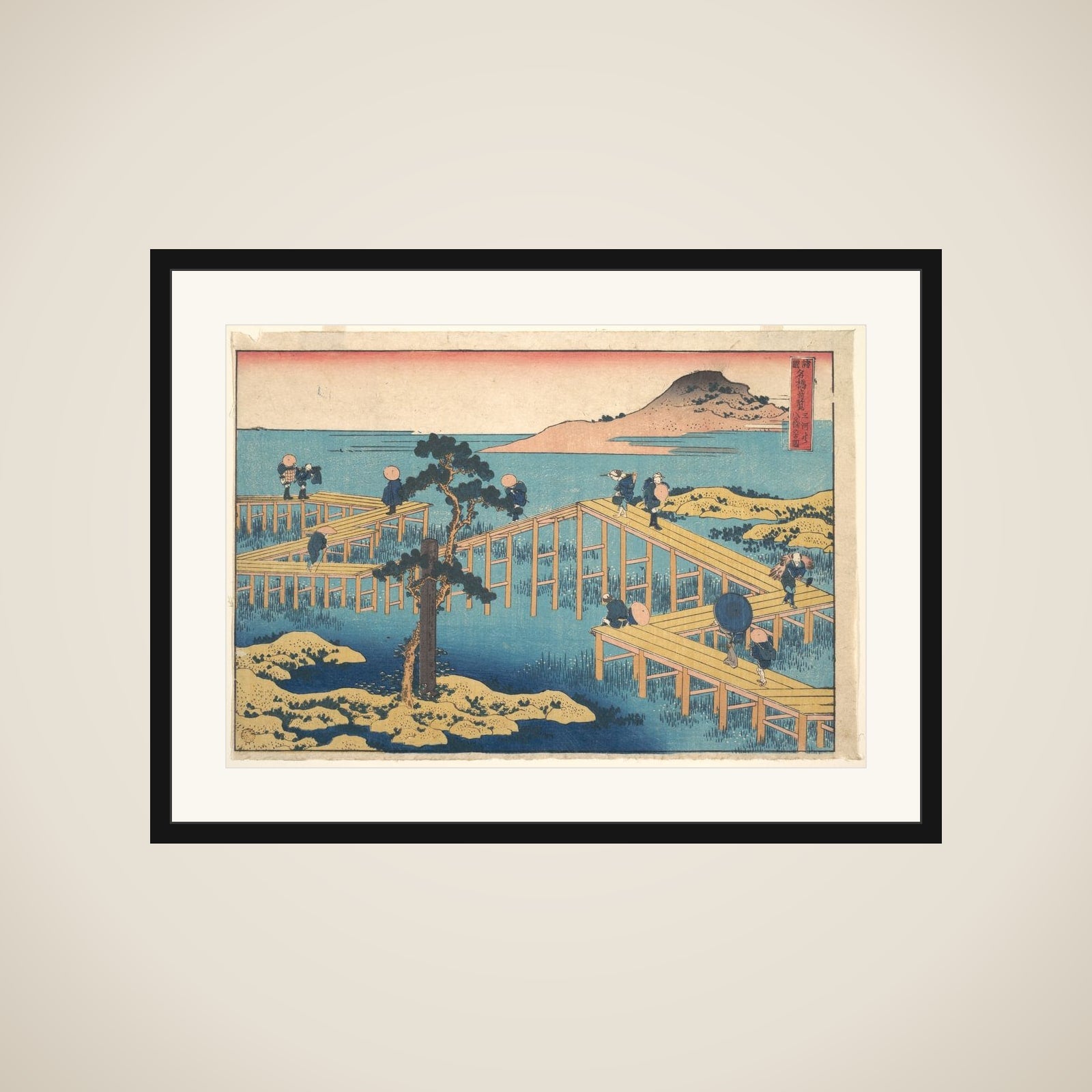Ancient View of Yatsuhashi in Mikawa Province (Mikawa no Yatsuhashi no kozu), from the series Remarkable Views of Bridges in Various Provinces (Shokoku meikyō kiran) framed