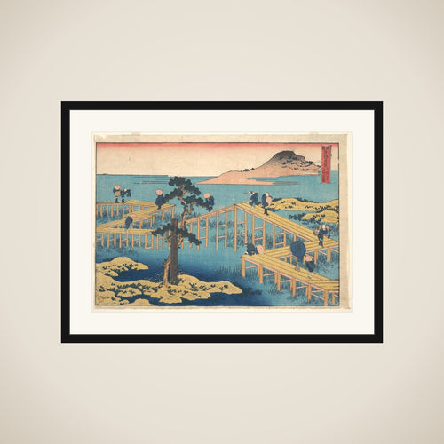 Ancient View of Yatsuhashi in Mikawa Province (Mikawa no Yatsuhashi no kozu), from the series Remarkable Views of Bridges in Various Provinces (Shokoku meikyō kiran) framed