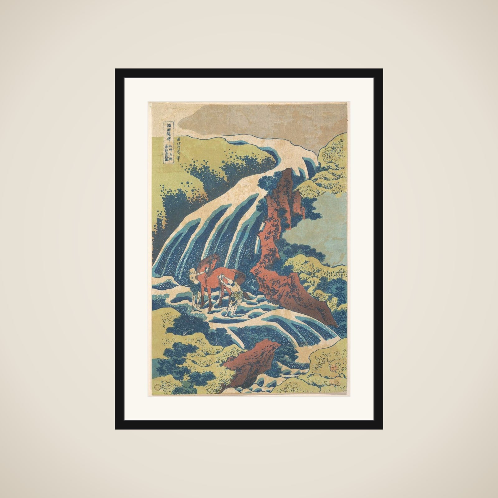 The Waterfall Where Yoshitsune Washed His Horse at Yoshino in Yamato Province (Washū Yoshino Yoshitsune uma arai no taki), from the series A Tour of Waterfalls in Various Provinces (Shokoku taki meguri) framed