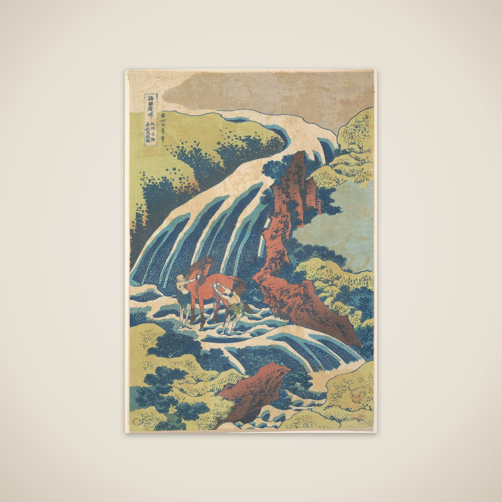 The Waterfall Where Yoshitsune Washed His Horse at Yoshino in Yamato Province (Washū Yoshino Yoshitsune uma arai no taki), from the series A Tour of Waterfalls in Various Provinces (Shokoku taki meguri) unframed print