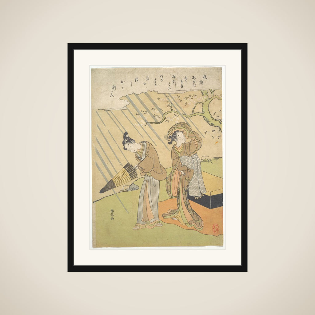 Young Man and Woman Caught in the Rain while Enjoying Cherry Blossoms (Sakura-gari) framed