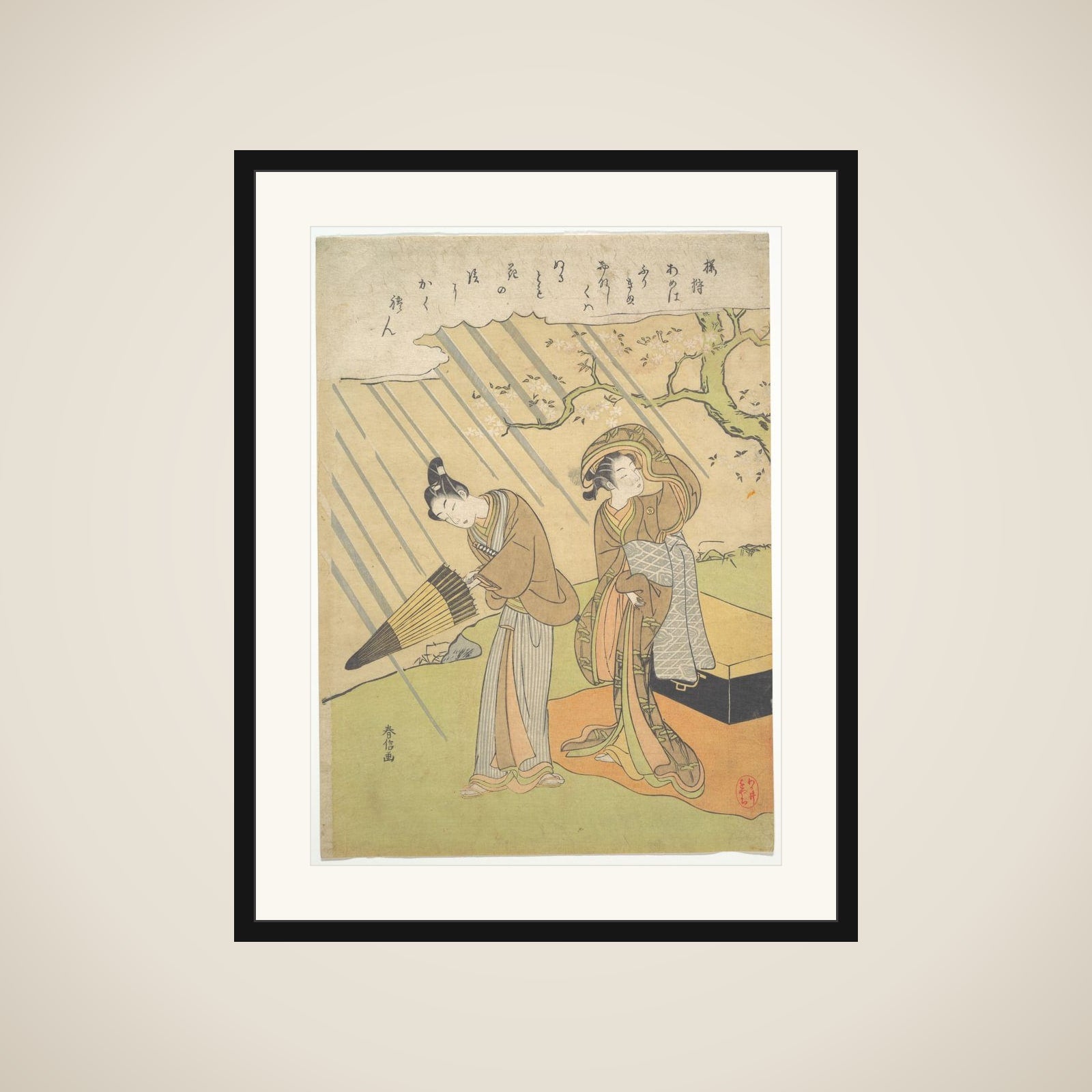 Young Man and Woman Caught in the Rain while Enjoying Cherry Blossoms (Sakura-gari) framed