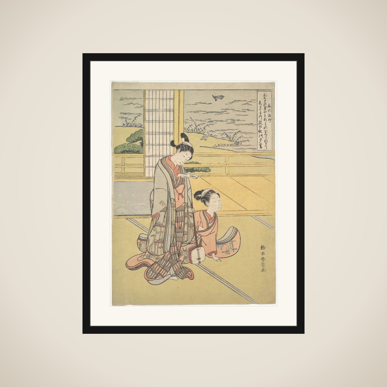 A Young Man and Woman with a Shamisen; Monk Saigyō, from a series alluding to the Three Evening Poems (Sanseki waka) framed