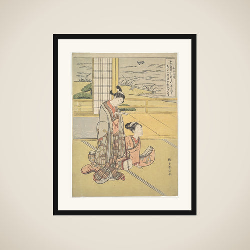 A Young Man and Woman with a Shamisen; Monk Saigyō, from a series alluding to the Three Evening Poems (Sanseki waka) framed