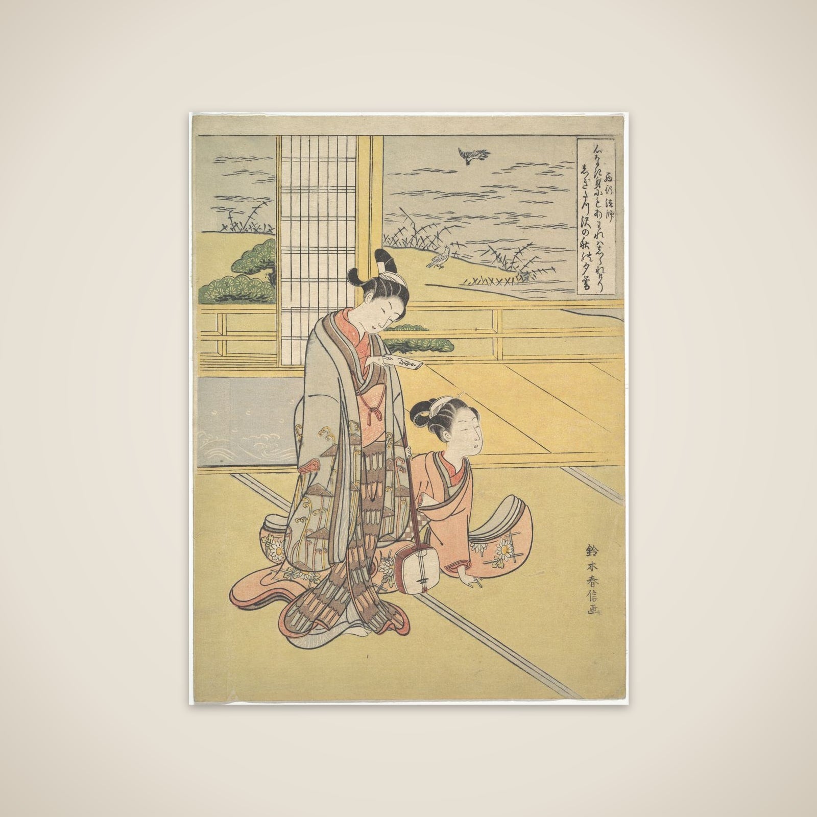 A Young Man and Woman with a Shamisen; Monk Saigyō, from a series alluding to the Three Evening Poems (Sanseki waka) unframed print