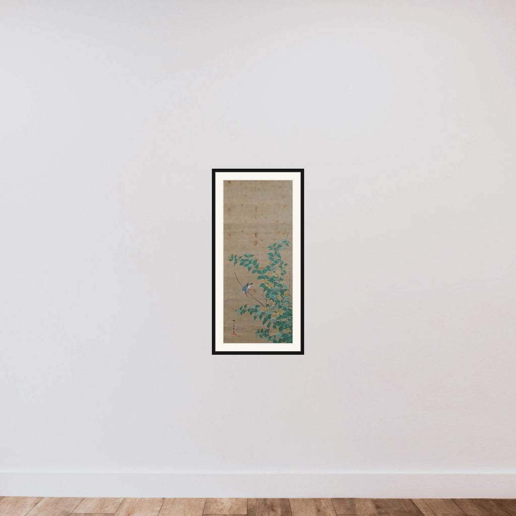 Kingfisher on a Branch of Yamabuki framed — shown to scale