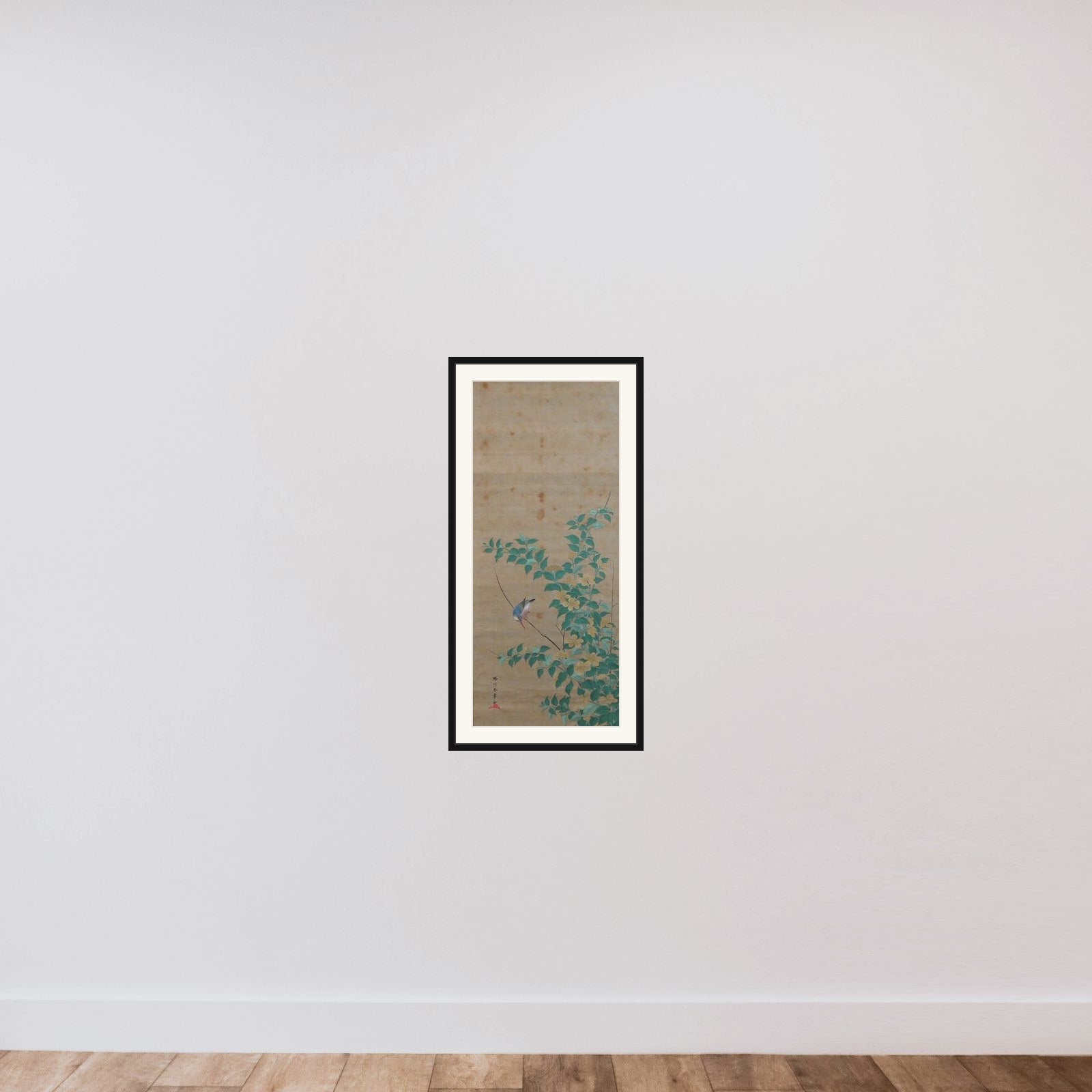 Kingfisher on a Branch of Yamabuki framed — shown to scale