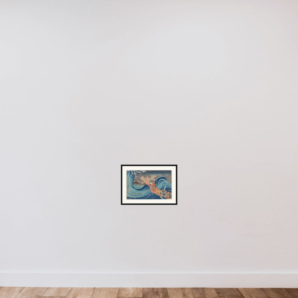 Concise Illustrated Biography of Monk Nichiren: Calming the Stormy Sea at Tsunoda in Exile to Sado Island framed — shown to scale