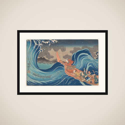 Concise Illustrated Biography of Monk Nichiren: Calming the Stormy Sea at Tsunoda in Exile to Sado Island framed