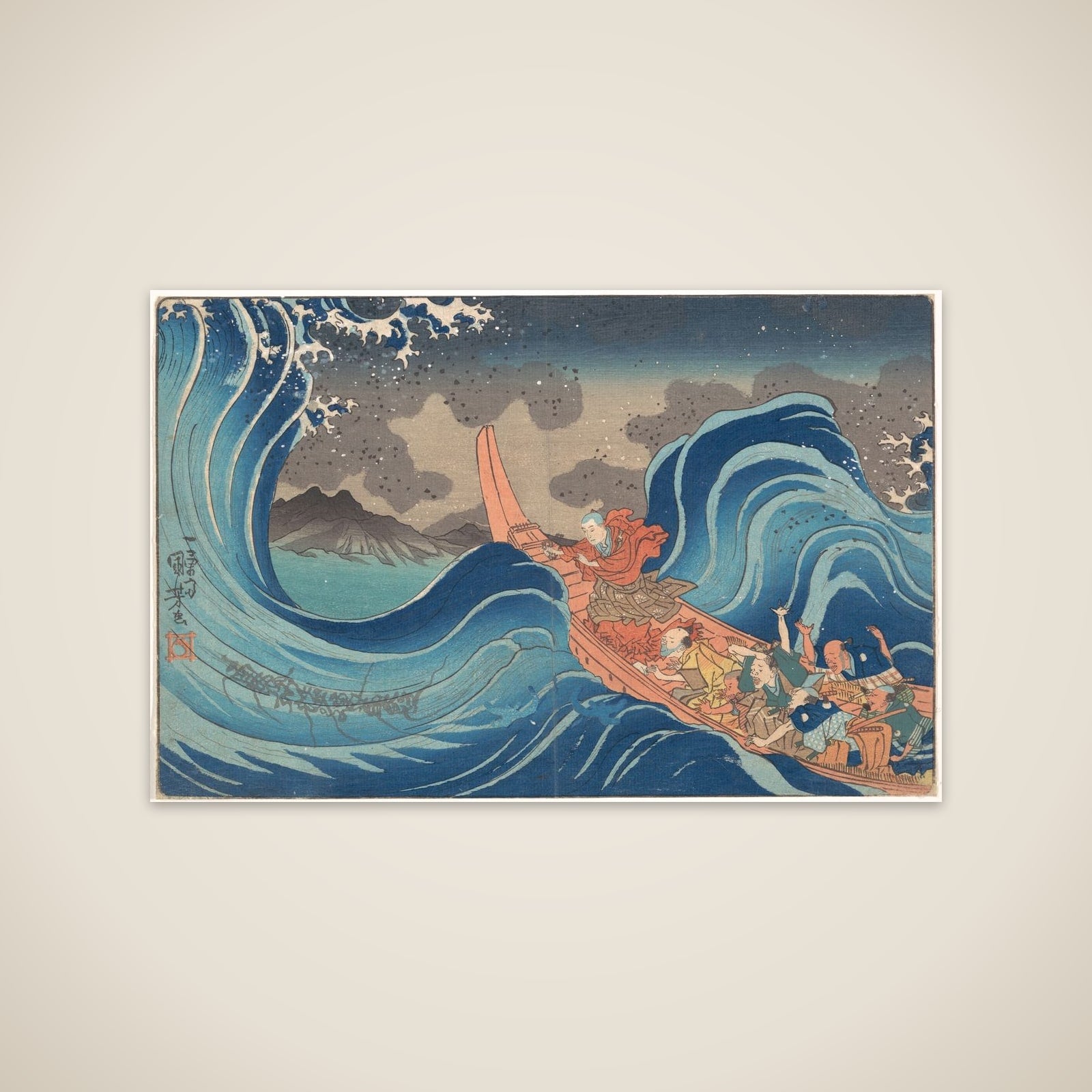 Concise Illustrated Biography of Monk Nichiren: Calming the Stormy Sea at Tsunoda in Exile to Sado Island unframed print