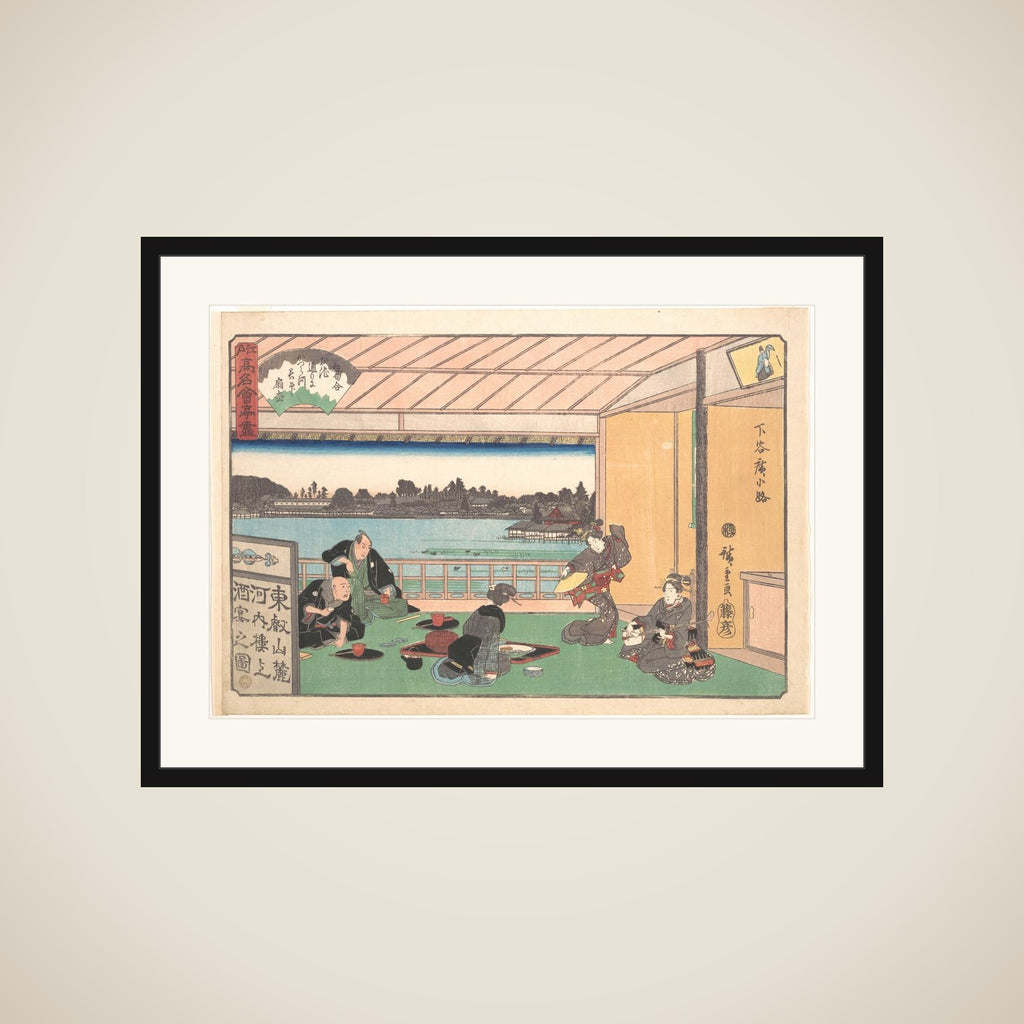 The Kawachirō Restaurant, Shitaya Hirokōji (Shitaya Hirokōji, Kawachirō), from the series A Collection of Famous Restaurants of Edo (Edo Kōmei Kaitei Zukushi) framed