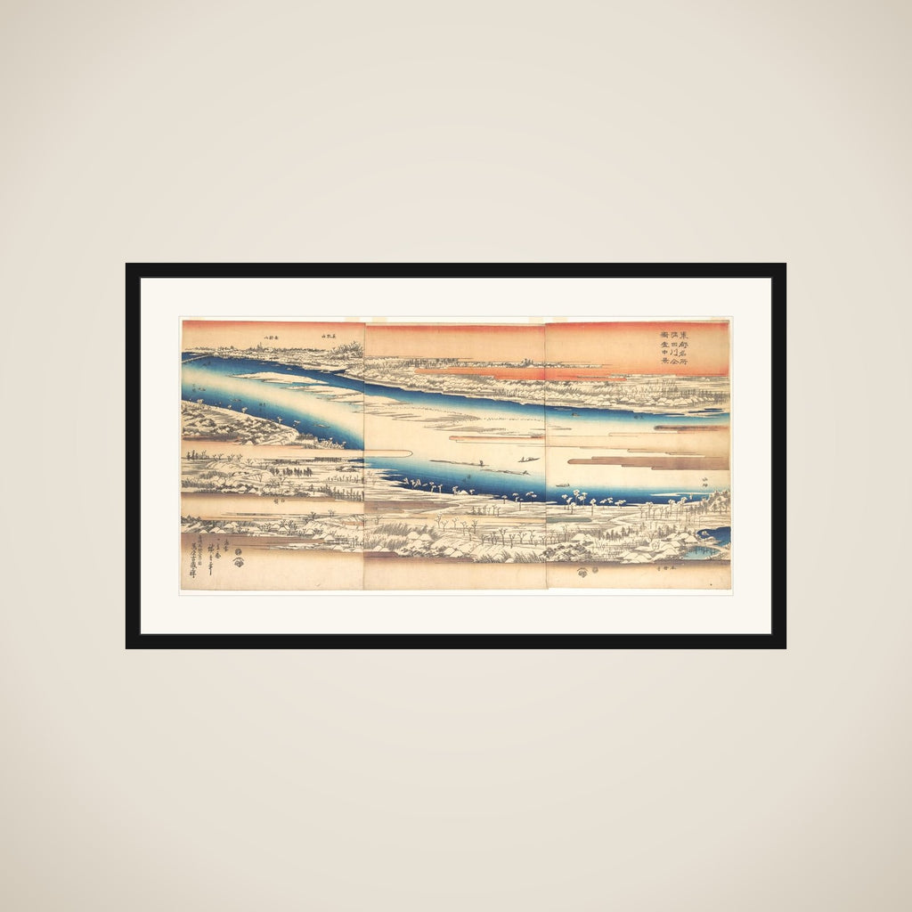 Celebrated Places in the Eastern Capital: Panoramic View of the Sumida River in Snow framed