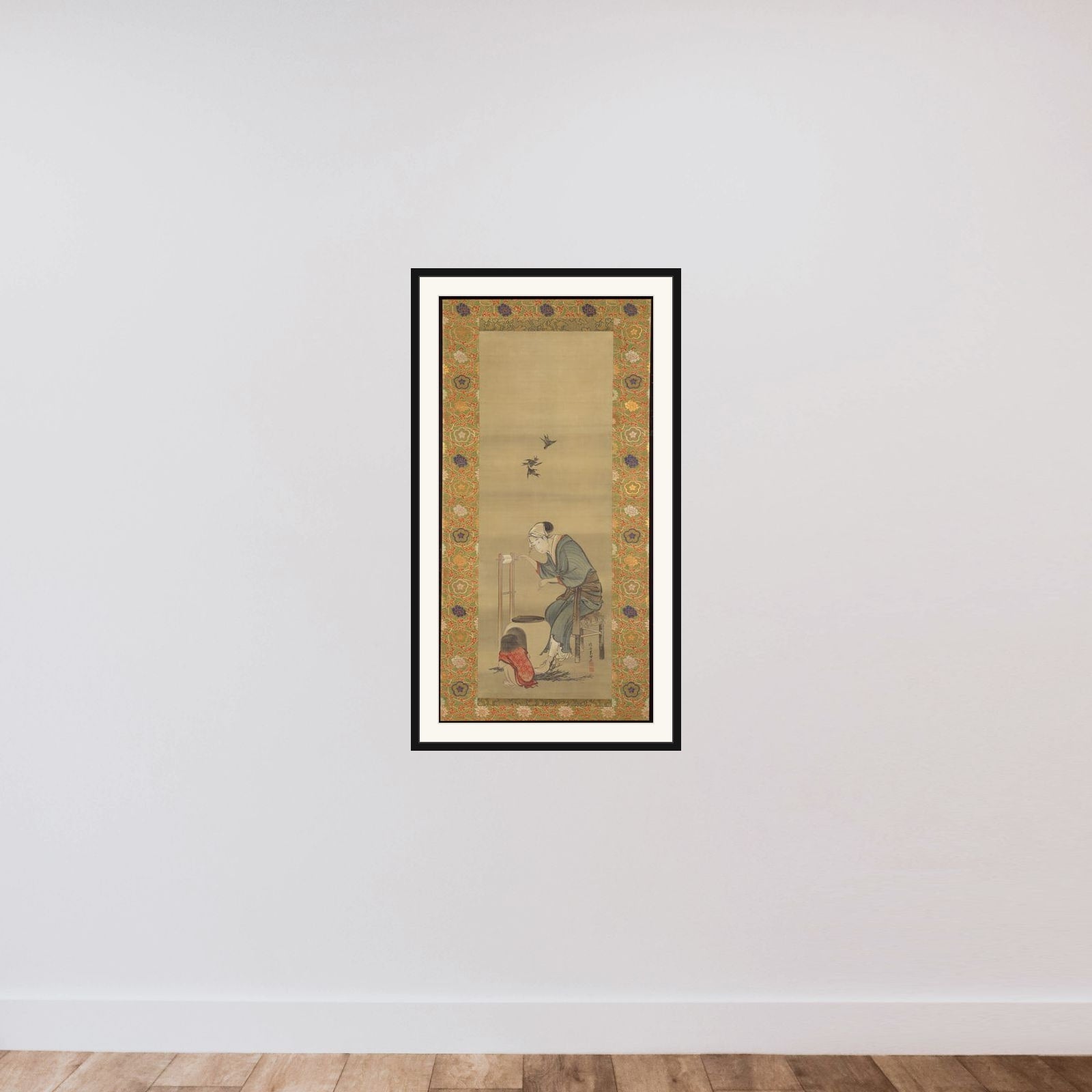 Woman Spinning Silk framed — shown to scale