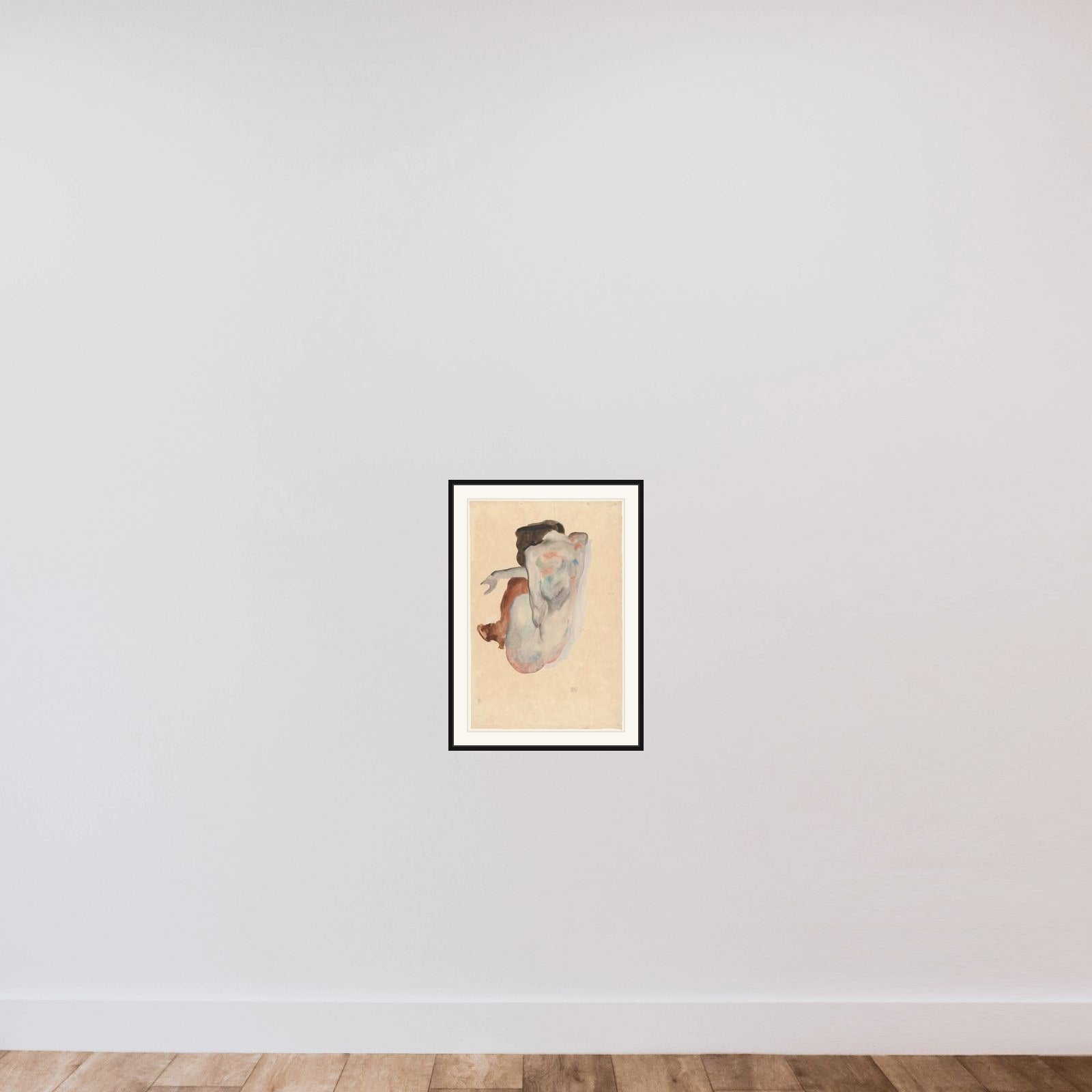 Crouching Nude in Shoes and Black Stockings, Back View framed — shown to scale