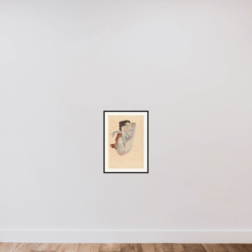 Crouching Nude in Shoes and Black Stockings, Back View framed — shown to scale