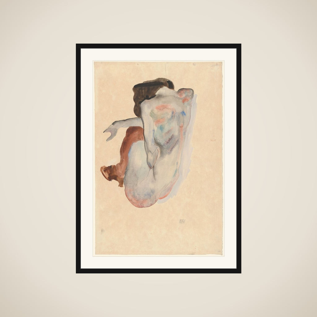 Crouching Nude in Shoes and Black Stockings, Back View framed