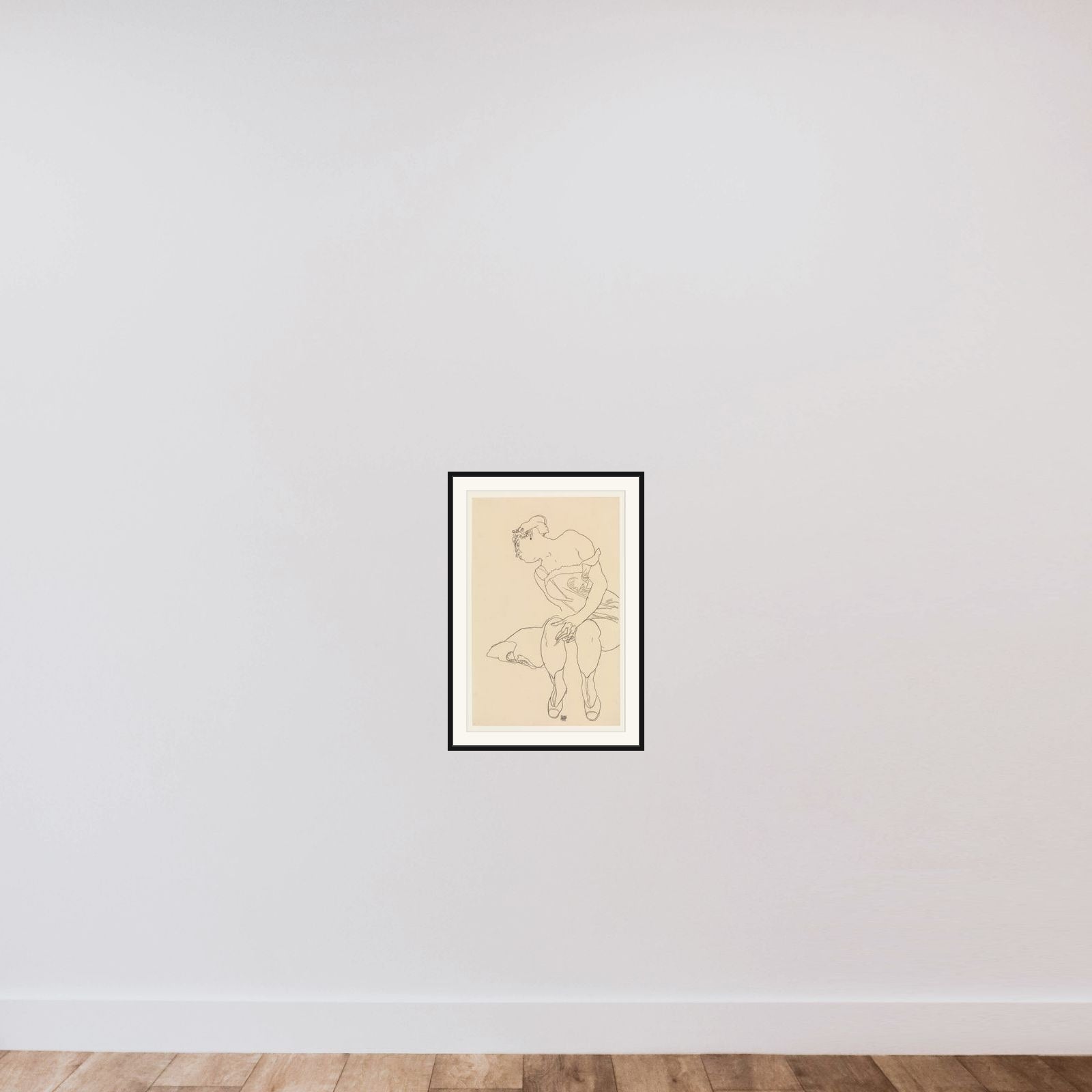 Seated Woman in Corset and Boots framed — shown to scale