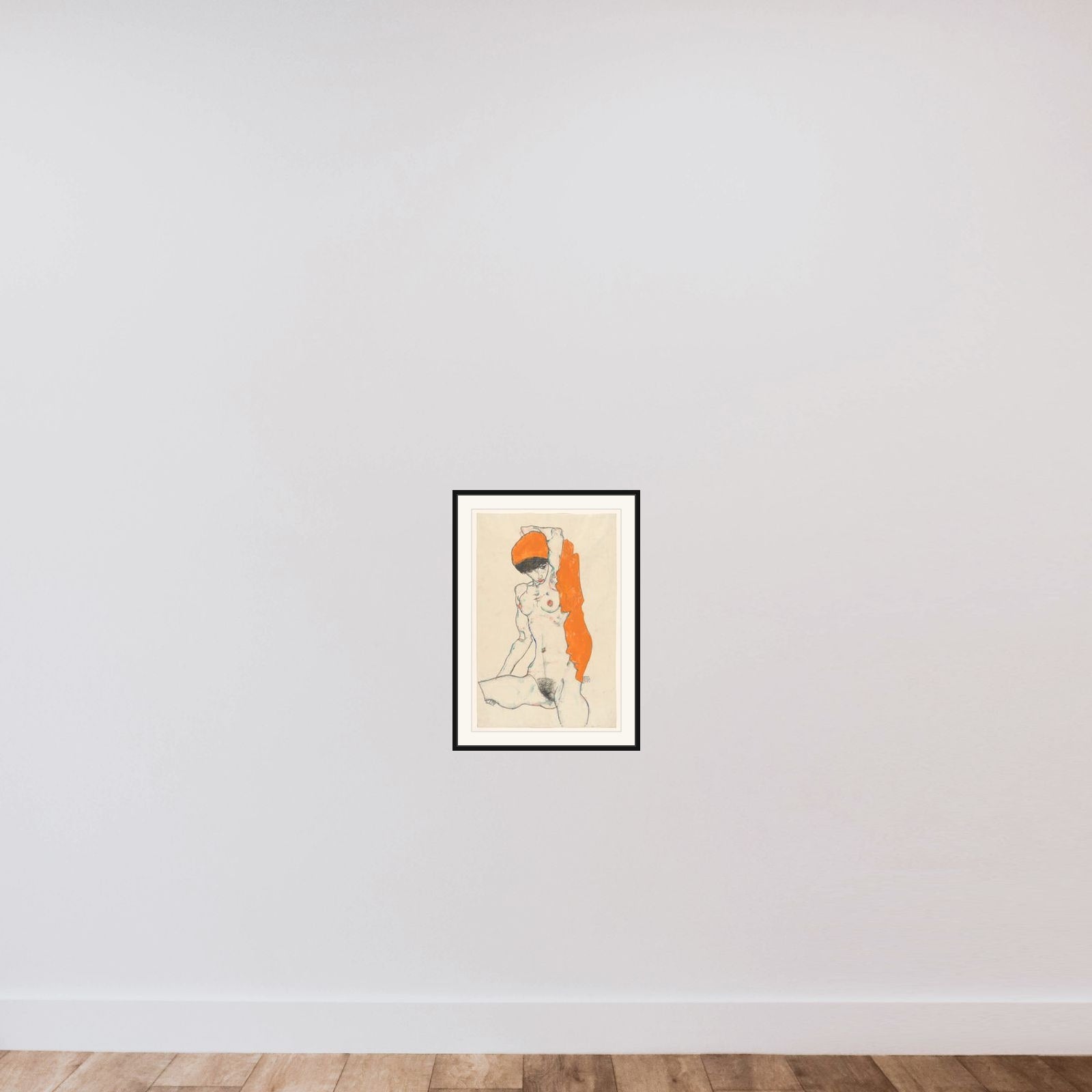 Standing Nude with Orange Drapery (recto): Study of Nude with Arms Raised (verso) framed — shown to scale