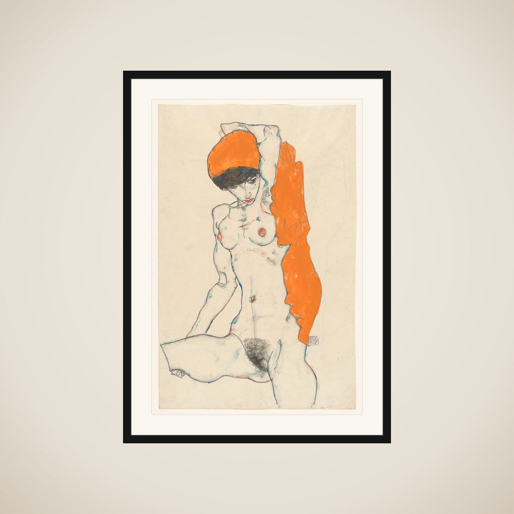 Standing Nude with Orange Drapery (recto): Study of Nude with Arms Raised (verso) framed