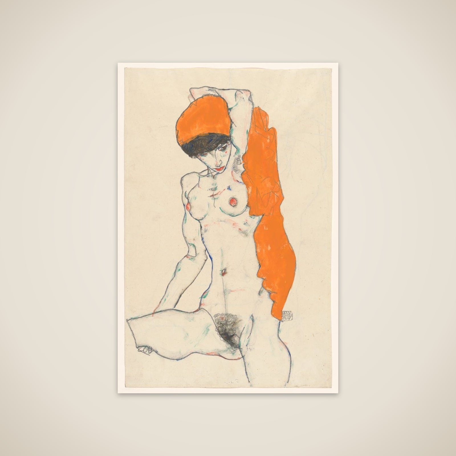 Standing Nude with Orange Drapery (recto): Study of Nude with Arms Raised (verso) unframed print