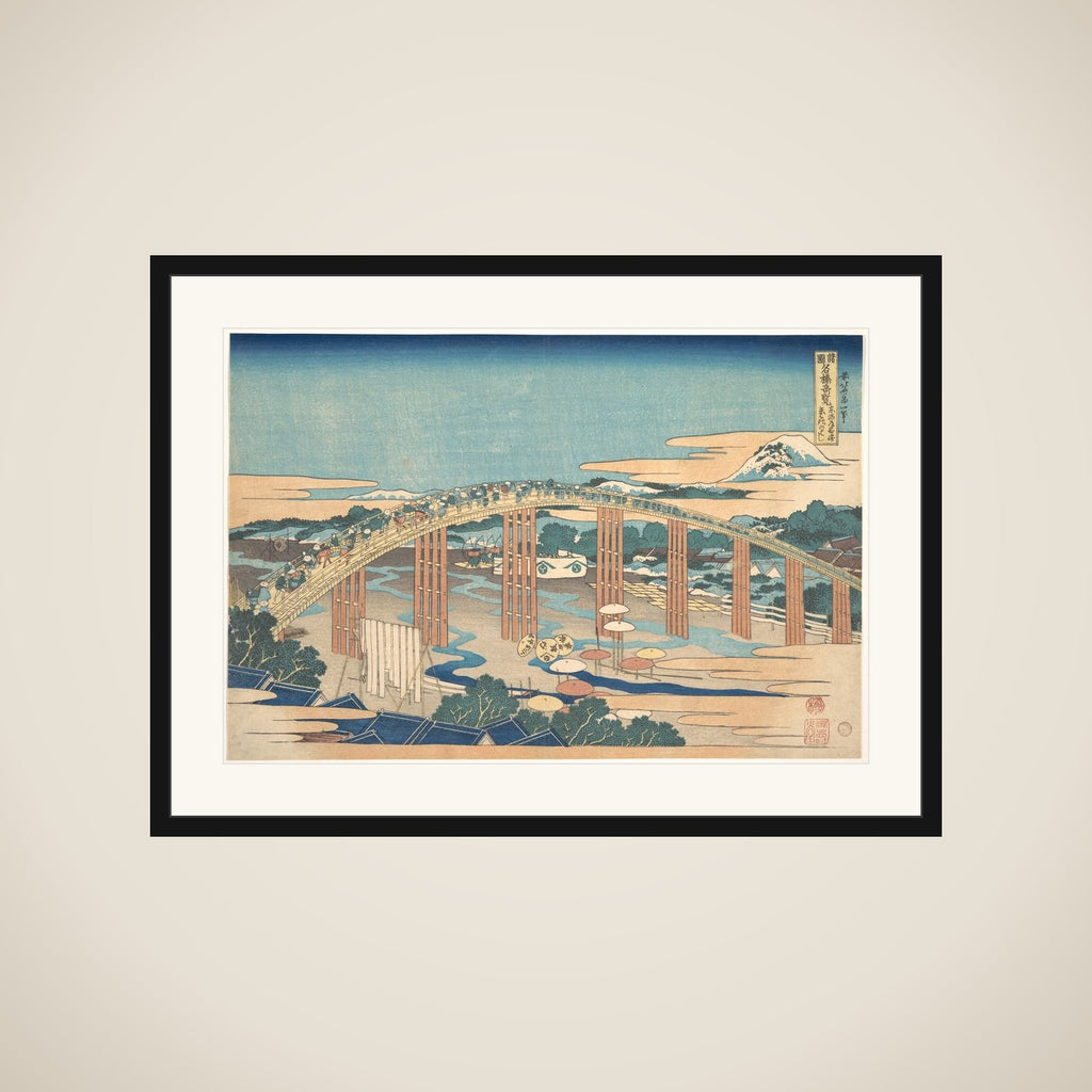Yahagi Bridge at Okazaki on the Tōkaidō (Tōkaidō Okazaki Yahagi no hashi), from the series Remarkable Views of Bridges in Various Provinces (Shokoku meikyō kiran) framed