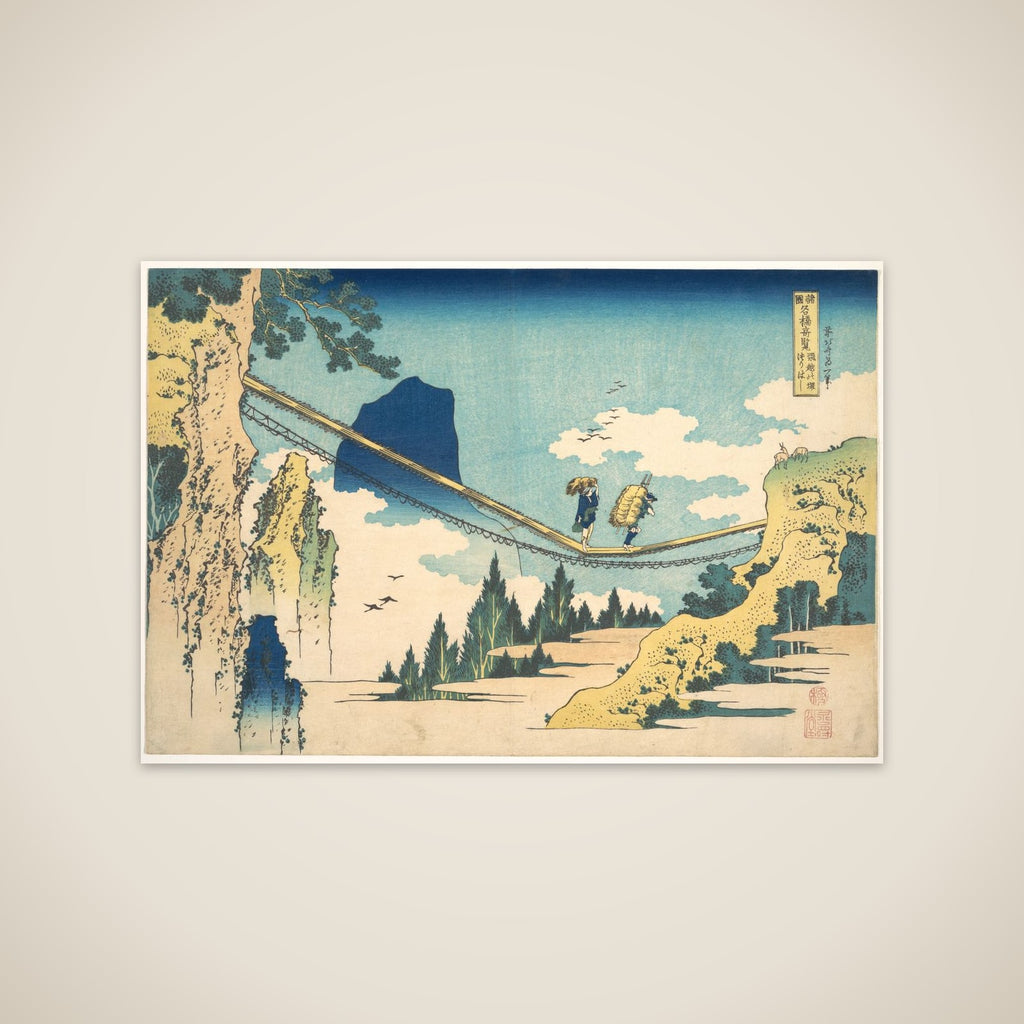 The Suspension Bridge on the Border of Hida and Etchū Provinces (Hietsu no sakai tsuribashi), from the series Remarkable Views of Bridges in Various Provinces (Shokoku meikyō kiran) unframed print