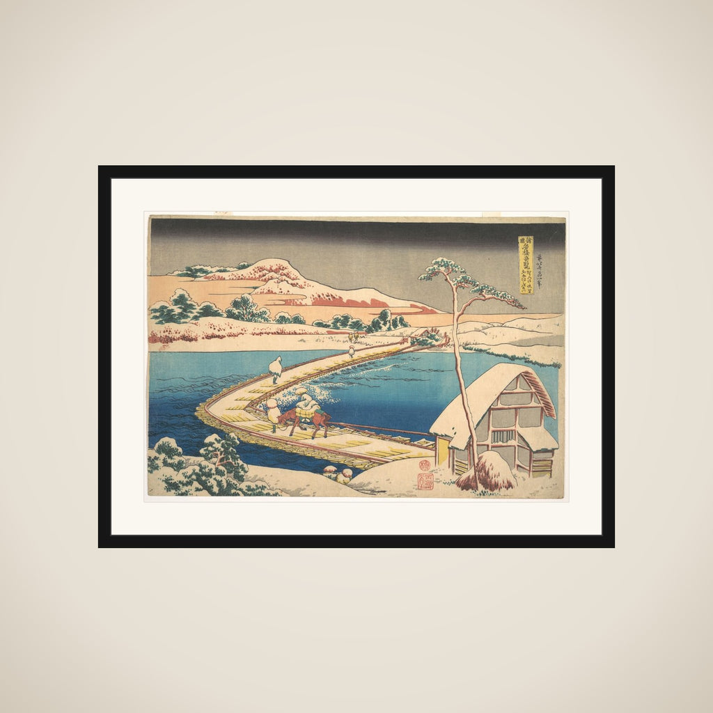 Old View of the Boat-bridge at Sano in Kōzuke Province (Kōzuke Sano funabashi no kozu), from the series Remarkable Views of Bridges in Various Provinces (Shokoku meikyō kiran) framed
