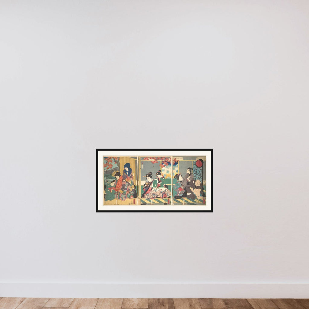Banquet of the Next Full Moon at the Chrysanthemum Festival, from the series The Twelve Months (Chōyō nochi no tsuki no en, Jūni tsuki no uchi) framed — shown to scale