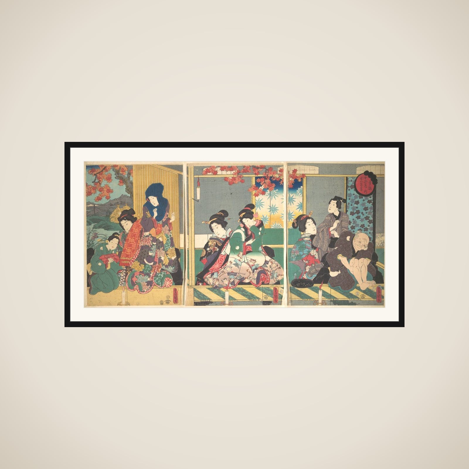 Banquet of the Next Full Moon at the Chrysanthemum Festival, from the series The Twelve Months (Chōyō nochi no tsuki no en, Jūni tsuki no uchi) framed