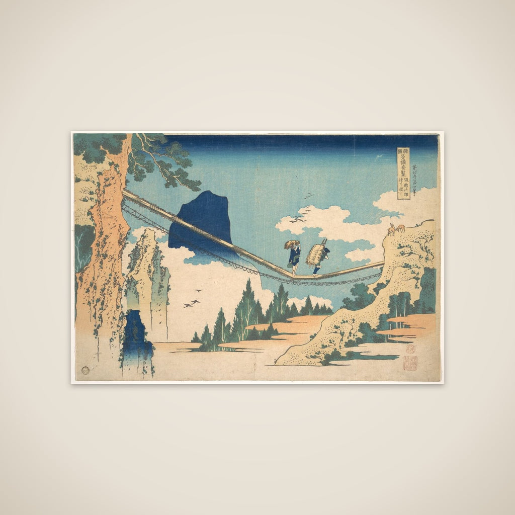 The Suspension Bridge on the Border of Hida and Etchū Provinces (Hietsu no sakai tsuribashi), from the series Remarkable Views of Bridges in Various Provinces (Shokoku meikyō kiran) unframed print