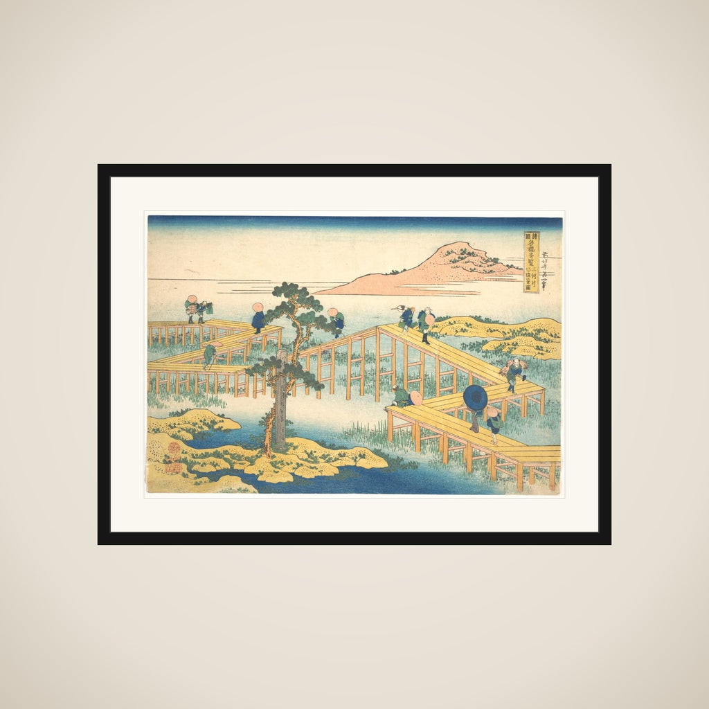 Ancient View of Yatsuhashi in Mikawa Province (Mikawa no Yatsuhashi no kozu), from the series Remarkable Views of Bridges in Various Provinces (Shokoku meikyō kiran) framed