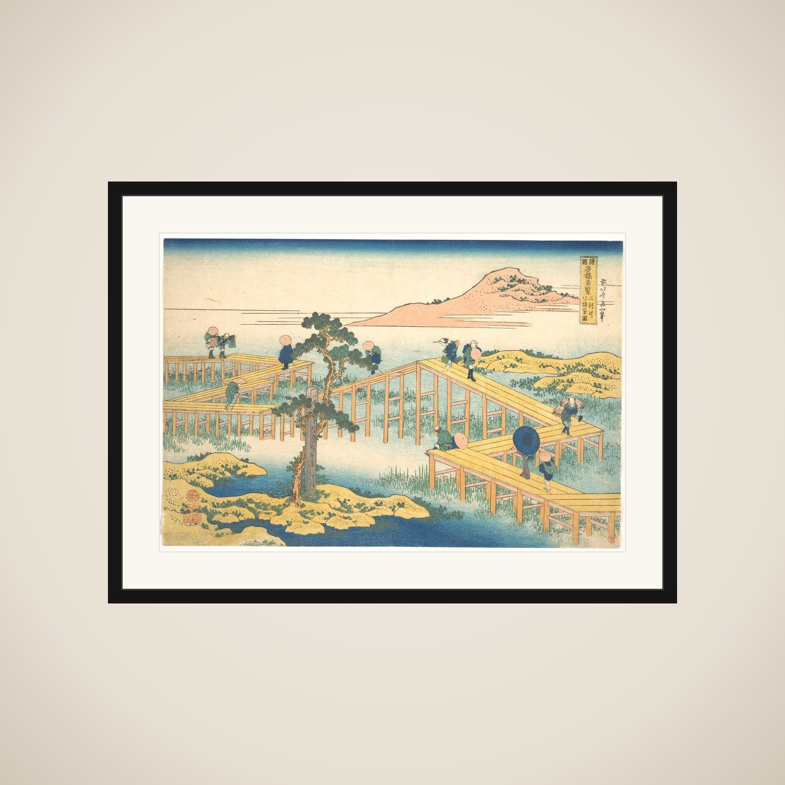 Ancient View of Yatsuhashi in Mikawa Province (Mikawa no Yatsuhashi no kozu), from the series Remarkable Views of Bridges in Various Provinces (Shokoku meikyō kiran) framed