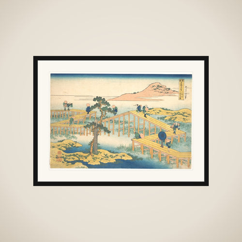 Ancient View of Yatsuhashi in Mikawa Province (Mikawa no Yatsuhashi no kozu), from the series Remarkable Views of Bridges in Various Provinces (Shokoku meikyō kiran) framed