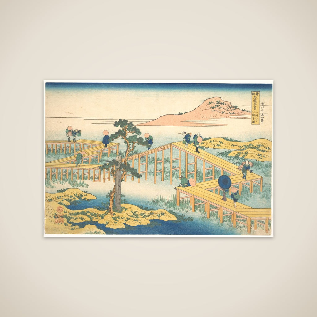 Ancient View of Yatsuhashi in Mikawa Province (Mikawa no Yatsuhashi no kozu), from the series Remarkable Views of Bridges in Various Provinces (Shokoku meikyō kiran) unframed print