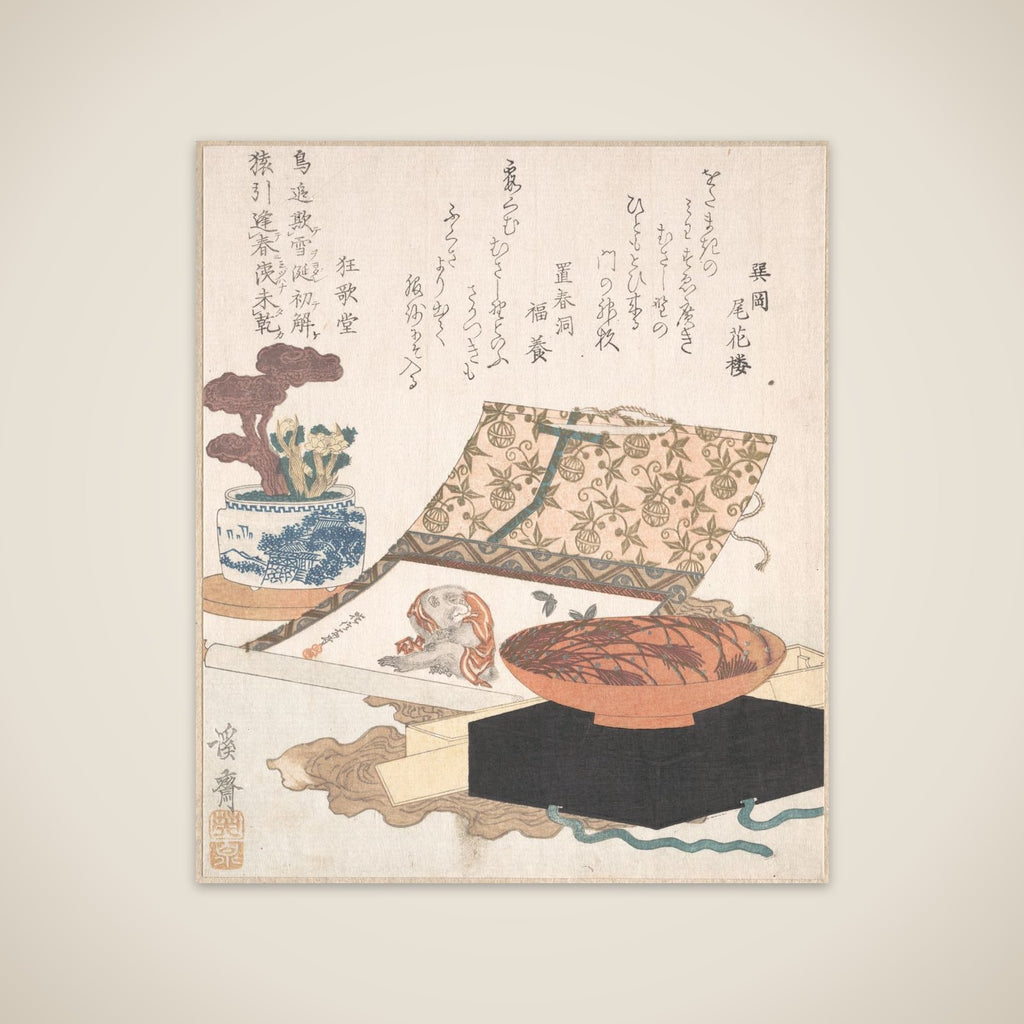Kakemono of Monkey, Wine Cup and Potted Plants unframed print
