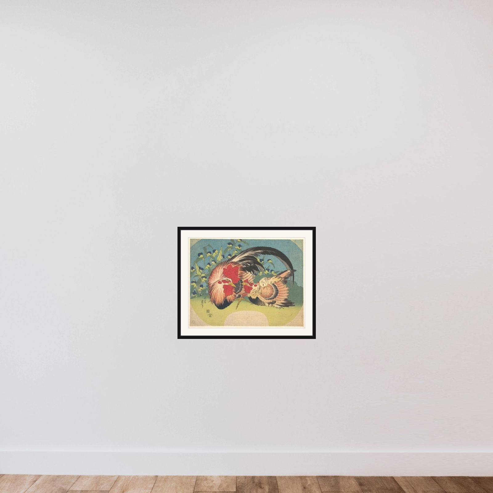 Rooster, Hen and Chicken with Spiderwort framed — shown to scale