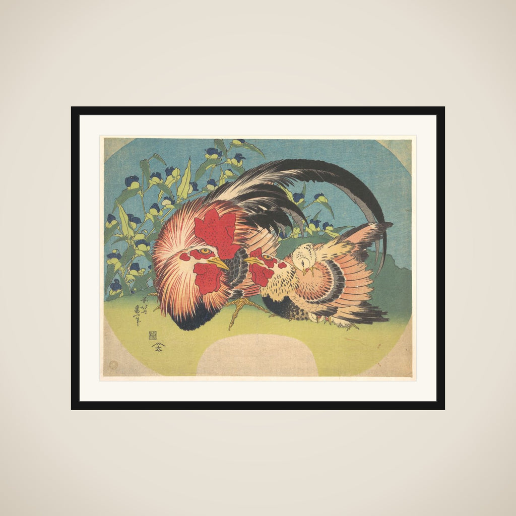 Rooster, Hen and Chicken with Spiderwort framed
