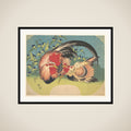 Rooster, Hen and Chicken with Spiderwort framed